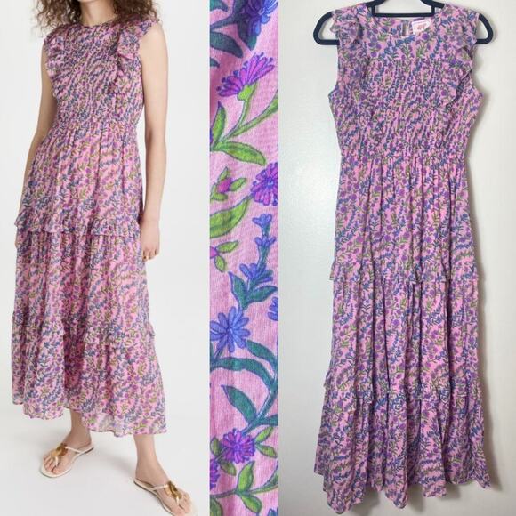 BANJANAN DRESS IRIS FLORAL MIDI PURPLE GREEN BLUE COTTAGECORE MILKMAID FALL - Picture 1 of 16